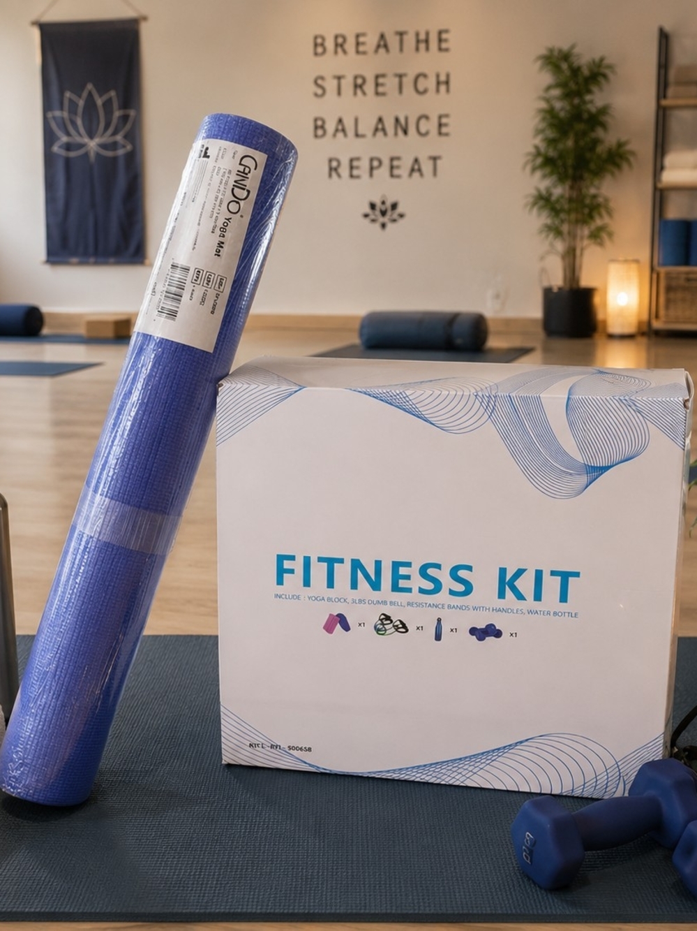 Blue Fitness Kit with Yoga Mat and Dumbbell